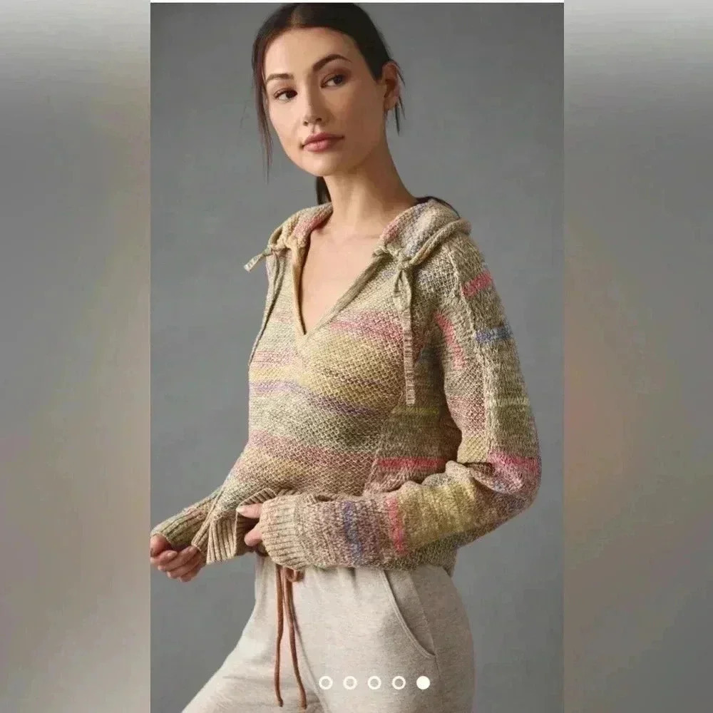 Anthropologie Daily Practice Sweater Hoodie Womens M Beige Pink Knit Crop